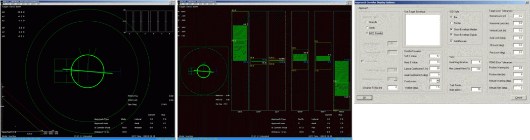 The Approach Corridor Display (ACD) is a task specific display for constrained approach operations under either hand controller or joint command. The ACD consists of six components: Mating Corridor Display (MCD), Hand Controller Command Display (HCC), Corridor Equation Display (CED), Single Joint Display (SJD), Digital Data and Spinner. The width for the MCD (on the left) and SJD (on the right) portions can be adjusted and saved in a user profile. Menu commands are provided to show/hide the MCD, SJD, HCC and Digital Data portions of the display.